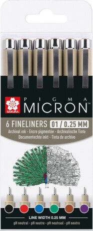 Sada Sakura Pigma Micron, ve velikosti 01 - 6 kusů různých odstínů - 